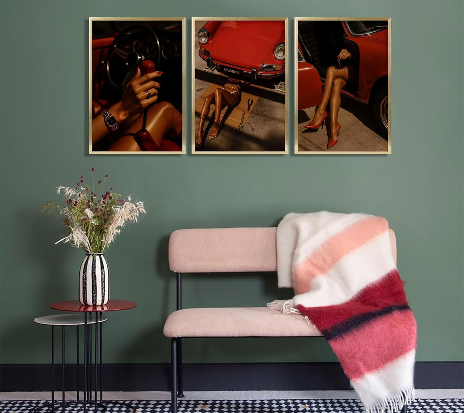 3Pcs Red Trendy Black Woman Canvas Wall Art Sexy African American Woman Painting Wall Decor Red Vintage Car Picture Print Artwork For bedroom living room and garage decoration 16x24in Unframed