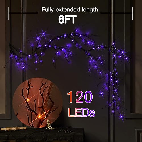 Miniatura 4 de Fudios Guirnalda de Halloween iluminada con 120 luces LED naranjas y moradas para manto, guirnalda negra de Halloween con luces, 8 funciones,