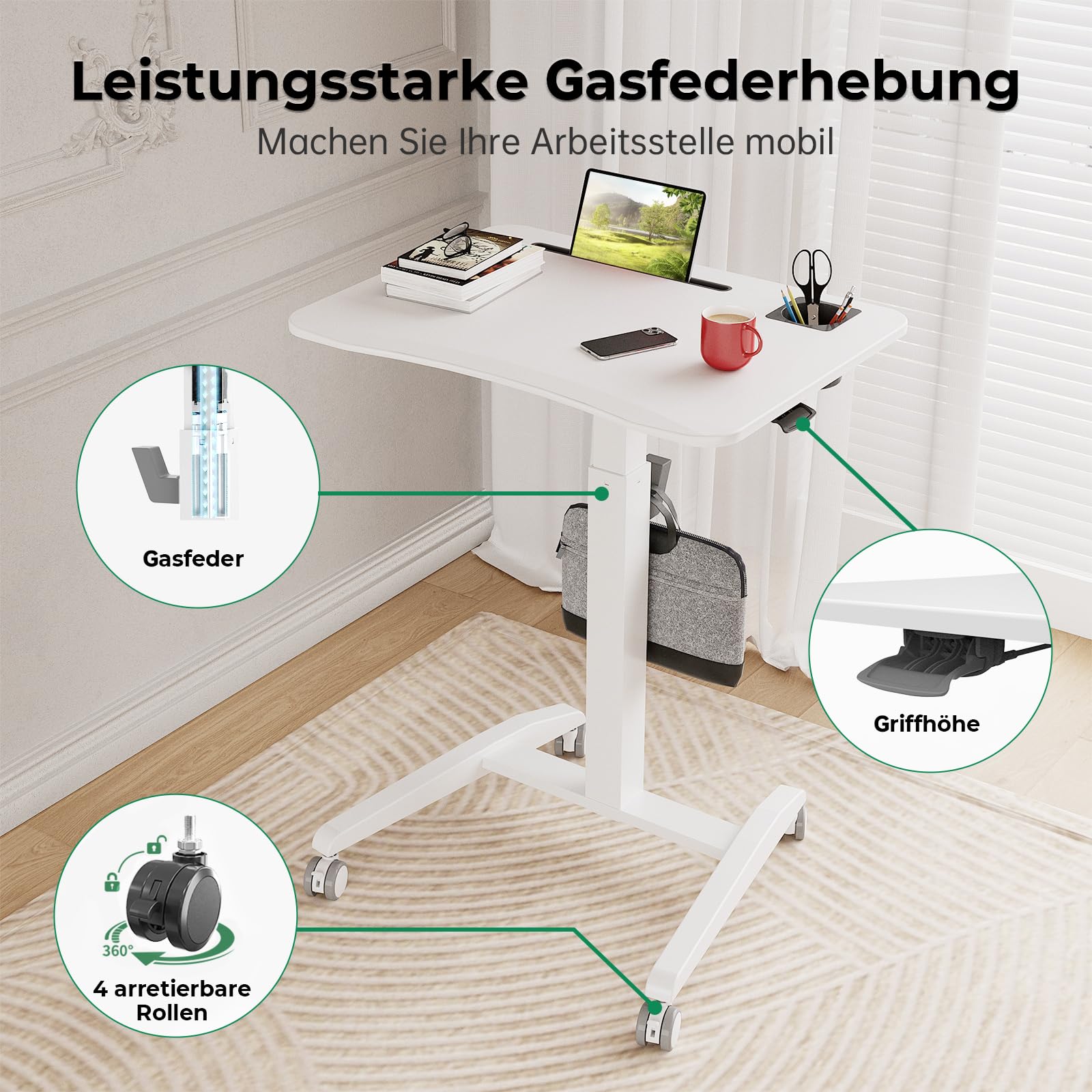 Gibbon Mounts Höhenverstellbar Schreibtisch, Mobiler Laptoptisch mit Rollen | Tragbarer weißer Stehpult 70x52cm mit abgerundeter Tischplatte, Getränkehalter, Schlitz und Haken, 4 feststellbare Lenkrollen