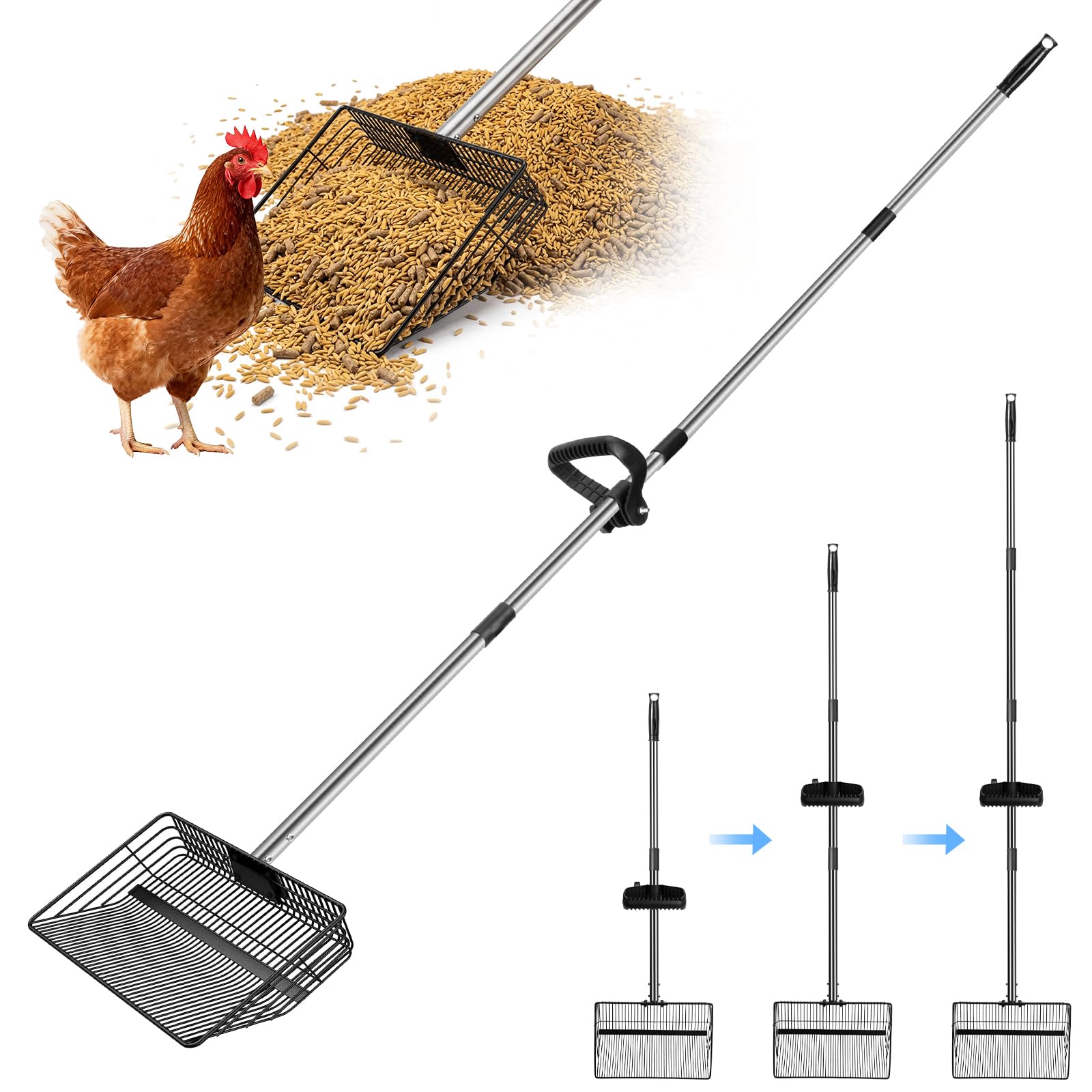Hühnerkotschaufel Lang, Multifunktional Chicken Poop Scooper, Einstellbare Siebschaufel, für Hühnerstall Trennung von KOT und Schutt von Sand, Hühnerstreu Schaufel, Hühnerstall Zubehör (155CM)