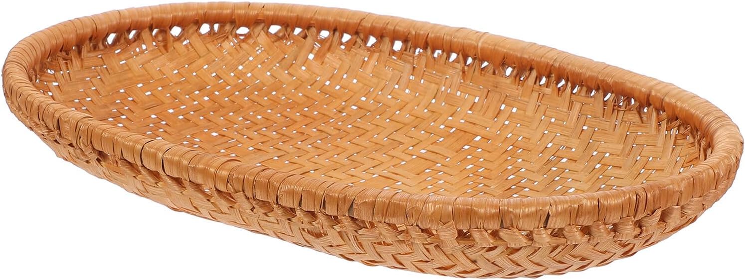 Handmade Woven Bread Basket 27x18x4cm, Kitchen Storage Tray and Fruit Serving Basket for Home, Picnic, and Food Display