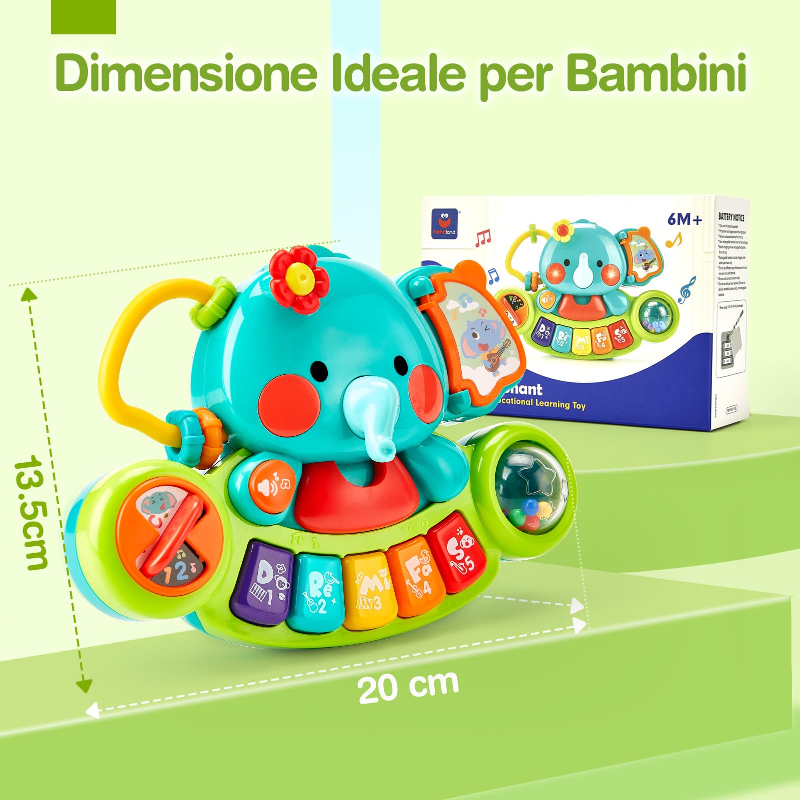 hahaland Giochi Musicali Bambini 6 Mesi - Giocattolo Attività Pianoforte Elefante con Musica e Luci, Pianola Neonato 6 9 12 Mesi Tastiera Educativa Neonata 1 anno