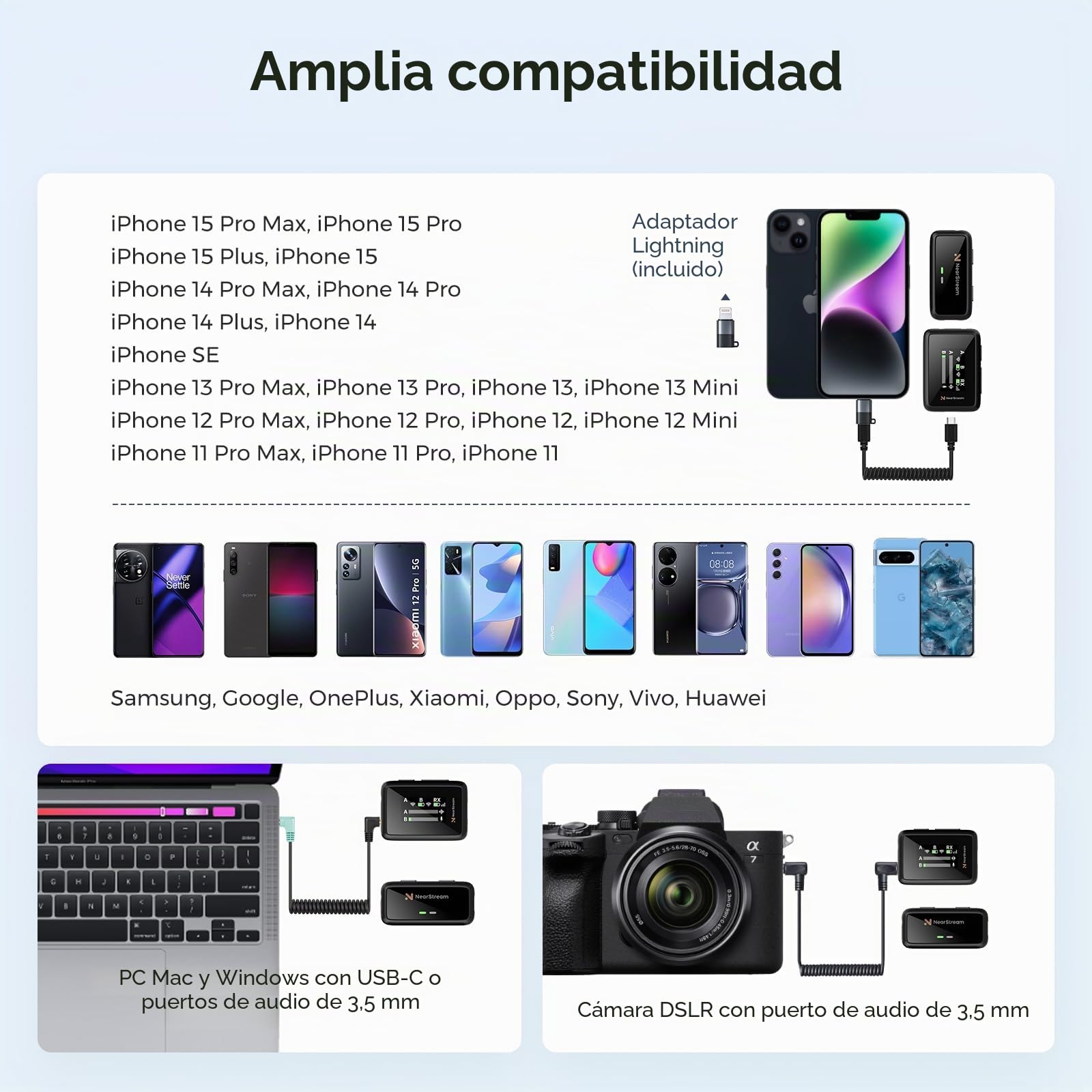 NearStream Micrófono Inalámbrico Profesional Omnidireccional para PC/iPhone/Android/Cámara,Microfono Inalambrico Solapa con Modo Silencio & Modo de Reducción de Ruido,Transmisión de Distancia 200m
