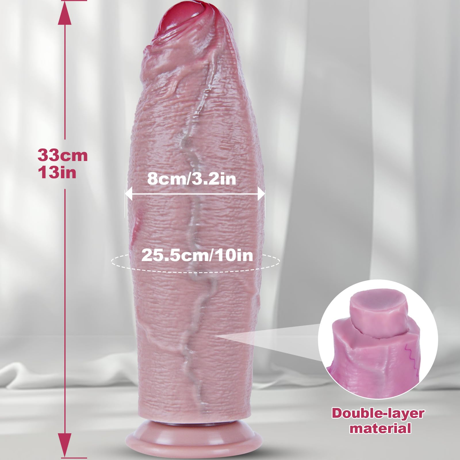 Dildo realista XXL de 33 cm con prepucio, 8 cm de diámetro, en silicona de doble densidad con ventosa fuerte. Modelo no circuncidado de tamaño XXXL, pensado para usuarios con experiencia y uso anal