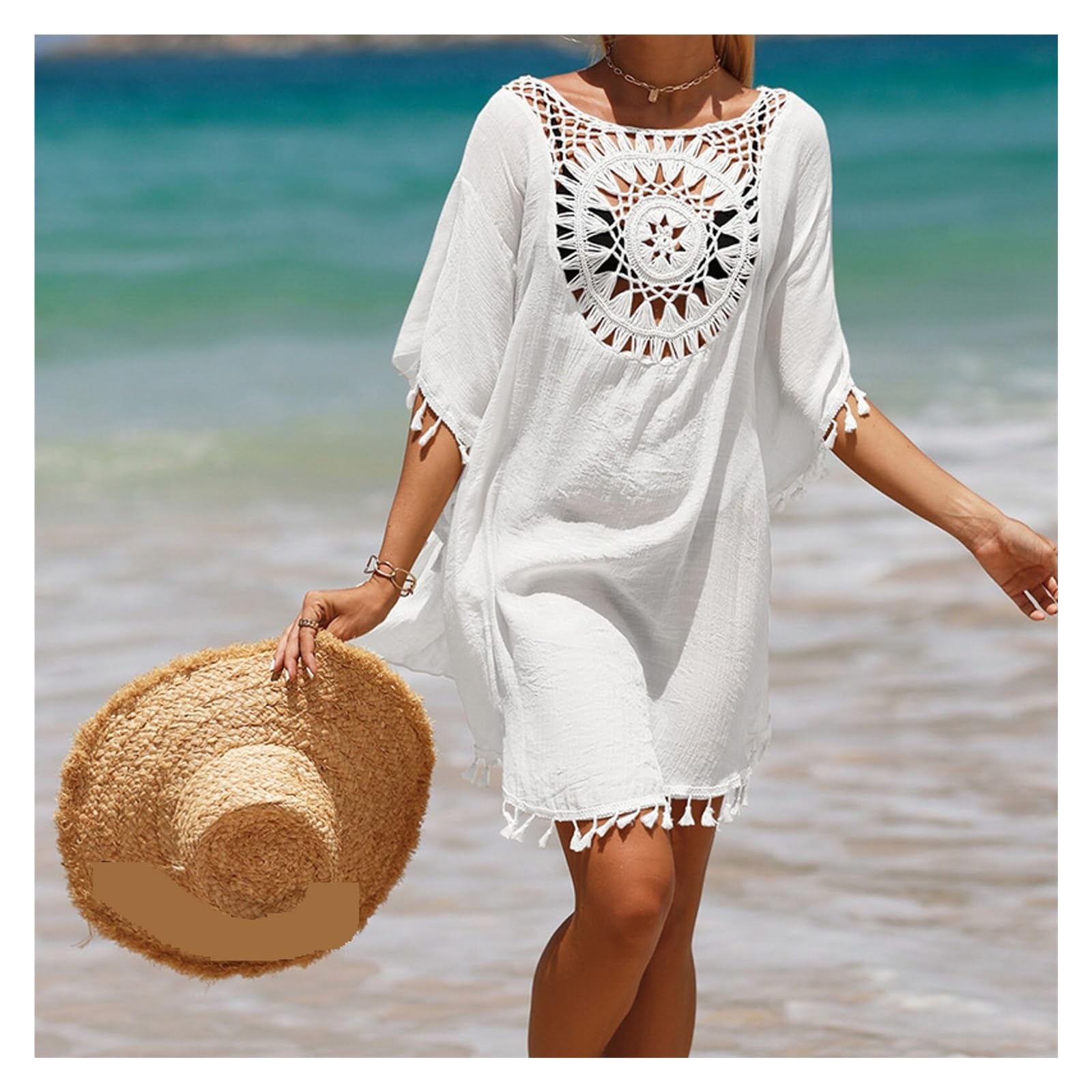 Vestido de Playa de Ganchillo Túnica de Bikini Ganchillo for Mujer, Vestido Playa con borlas Encaje, Cubierta, cárdigan Suelto Informal, Traje baño Verano