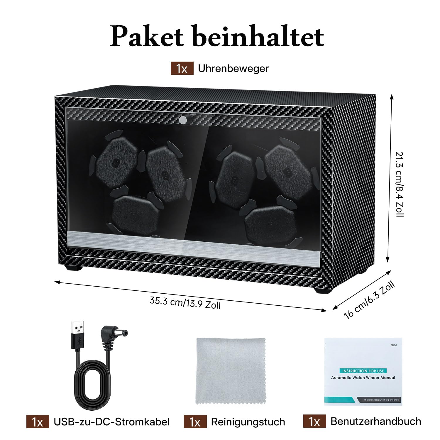 Mcbazel Automatischer Uhrenbeweger für 6 Uhren mit LED-Licht, Ultra-Leiser Motor 4 Rotationsmodi Watch Winder USB DC Betrieben, Geeignet für Uhren bis 45 mm - Carbonfaser-Muster