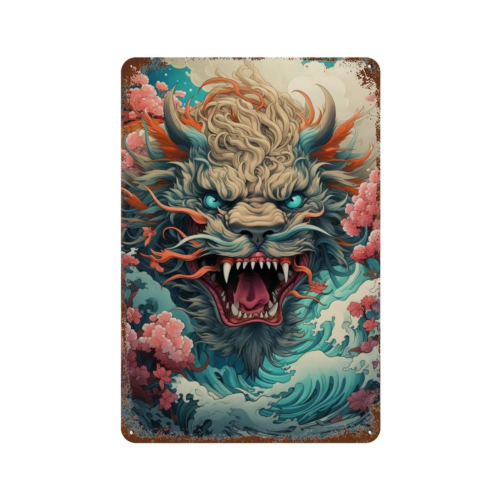 Garage Style Japanese Mythical Beast Illustration Distressed Metal Wall Sign 11.8"x7.9", Rustic Home Decor for Bar And Workshop