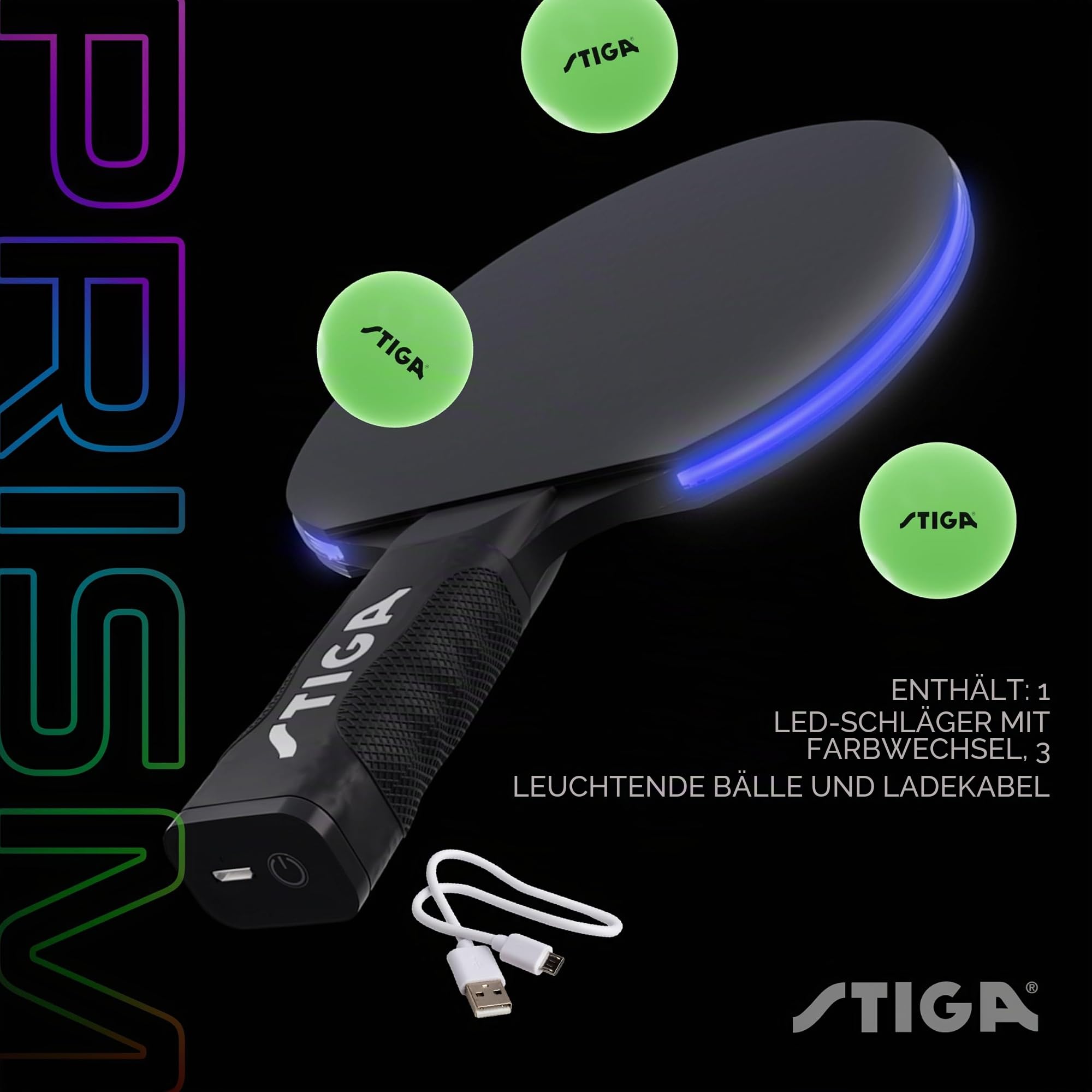 STIGA Prism LED-Ping-Pong-Paddel – 5 LED-Farbzyklen – Rot, Blau, Grün, Lila und Weiß – Farbverlaufsmodus – inklusive 3 im Dunkeln leuchtenden Bällen – 1,5 mm Schwamm mit glatten Pips – Silikongriff
