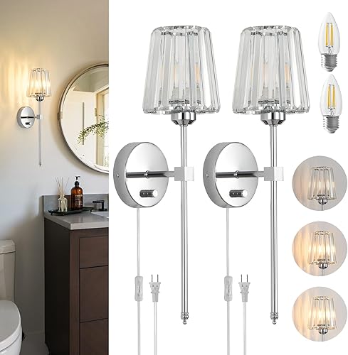 Miniatura 10 de Juego de 2 apliques de pared de cristal, apliques de pared regulables con cable de enchufe y regulador de intensidad dorado, lámpara de pared con