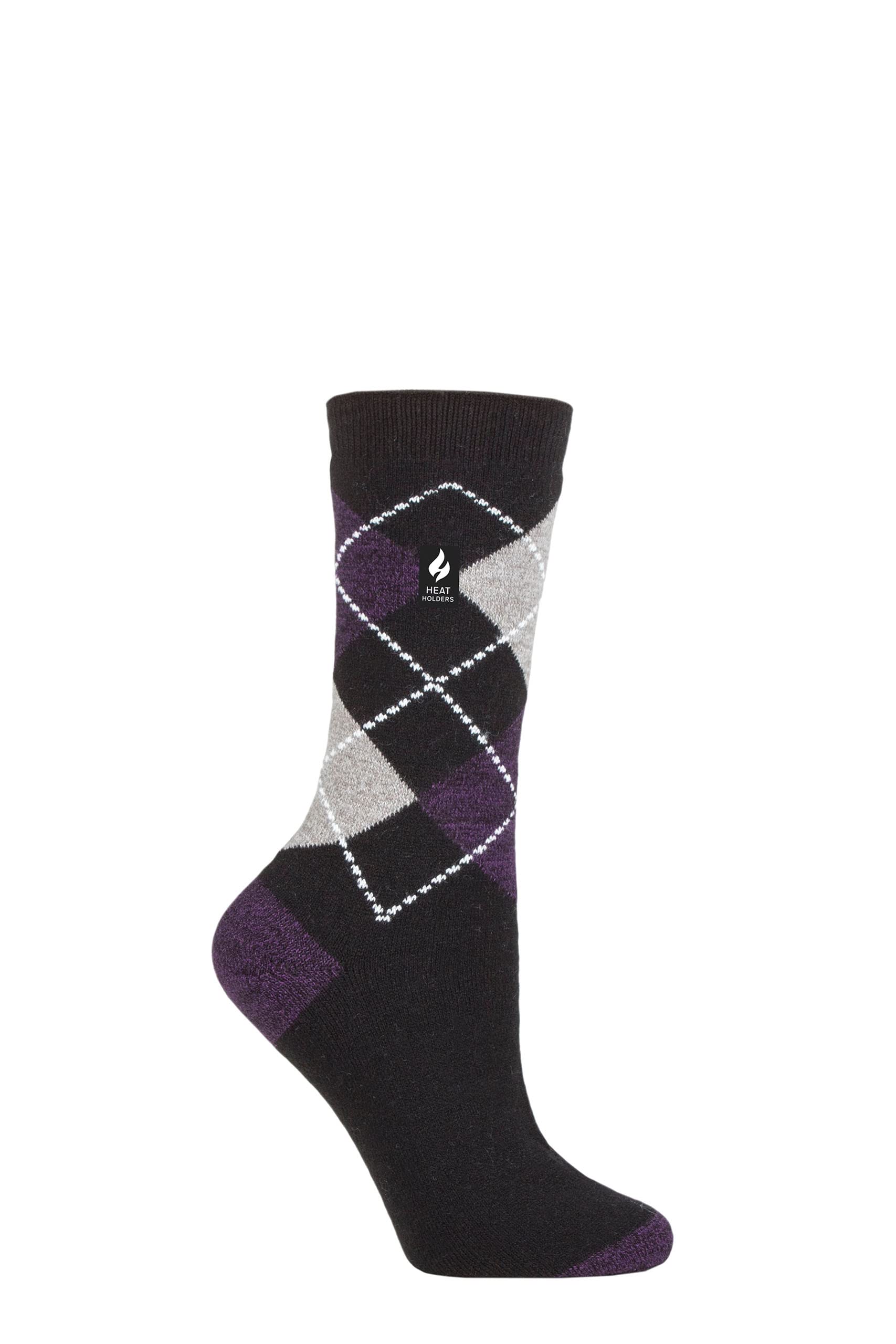HEAT HOLDERS SOCKSHOP Ladies 1.0 TOG Ultralite Striped, Argyle & Patterned Socks Pack of 1 Valletta Argyle Black/Purple 4-8