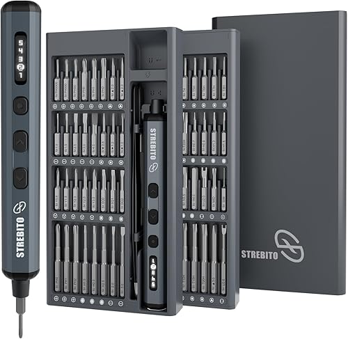 STREBITO Mini juego de destornilladores eléctricos, kit de destornilladores eléctricos de máxima precisión 70 en 1 con luces, 5 niveles de par