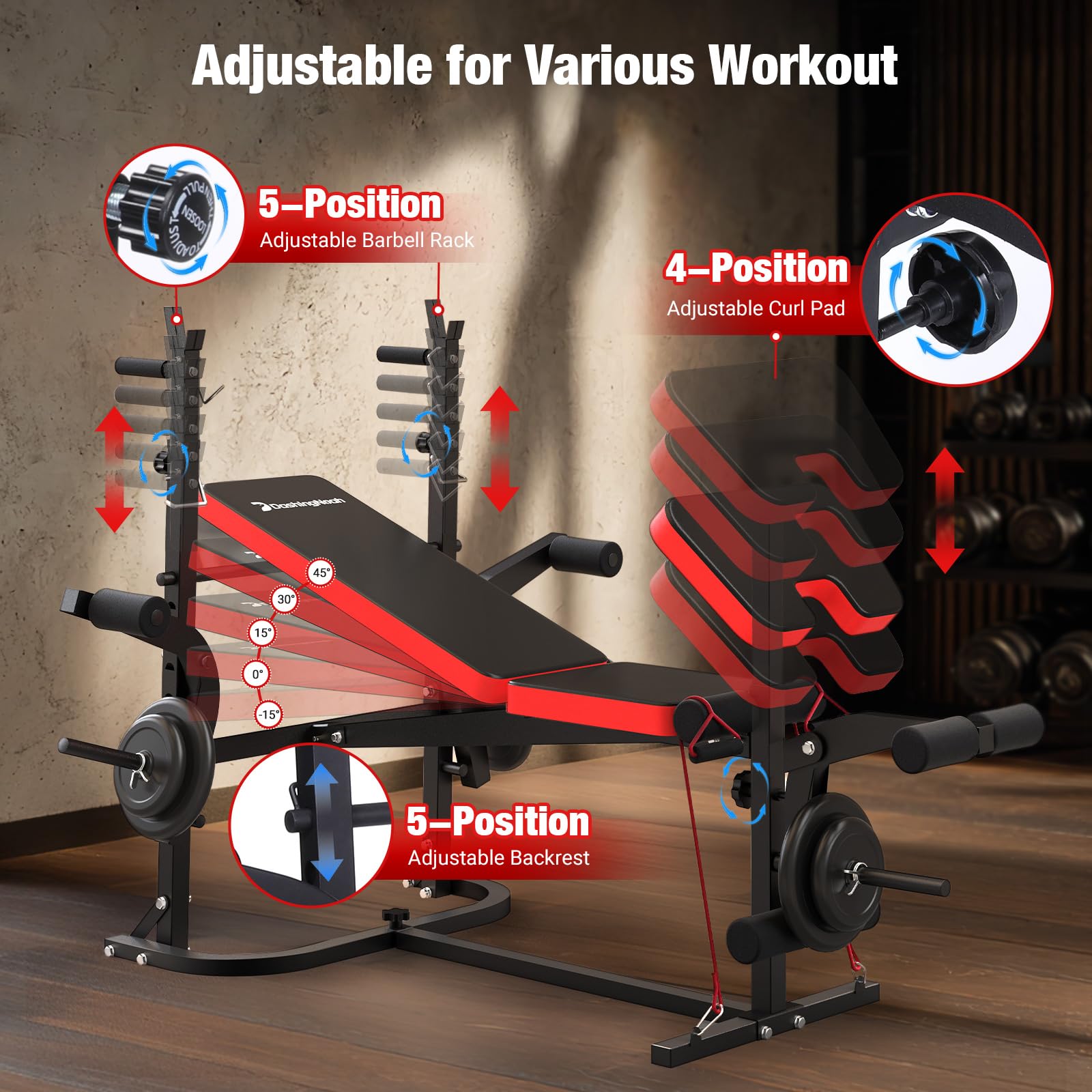 6-in-1 Foldable Weight Bench Set, 1695LBS Adjustable Workout Bench/Barbell Rack/Curl Pad, Bench Press, Leg Extension and Curl machine, Workout Fitness Equipment w/Squat Rack for Home Gym
