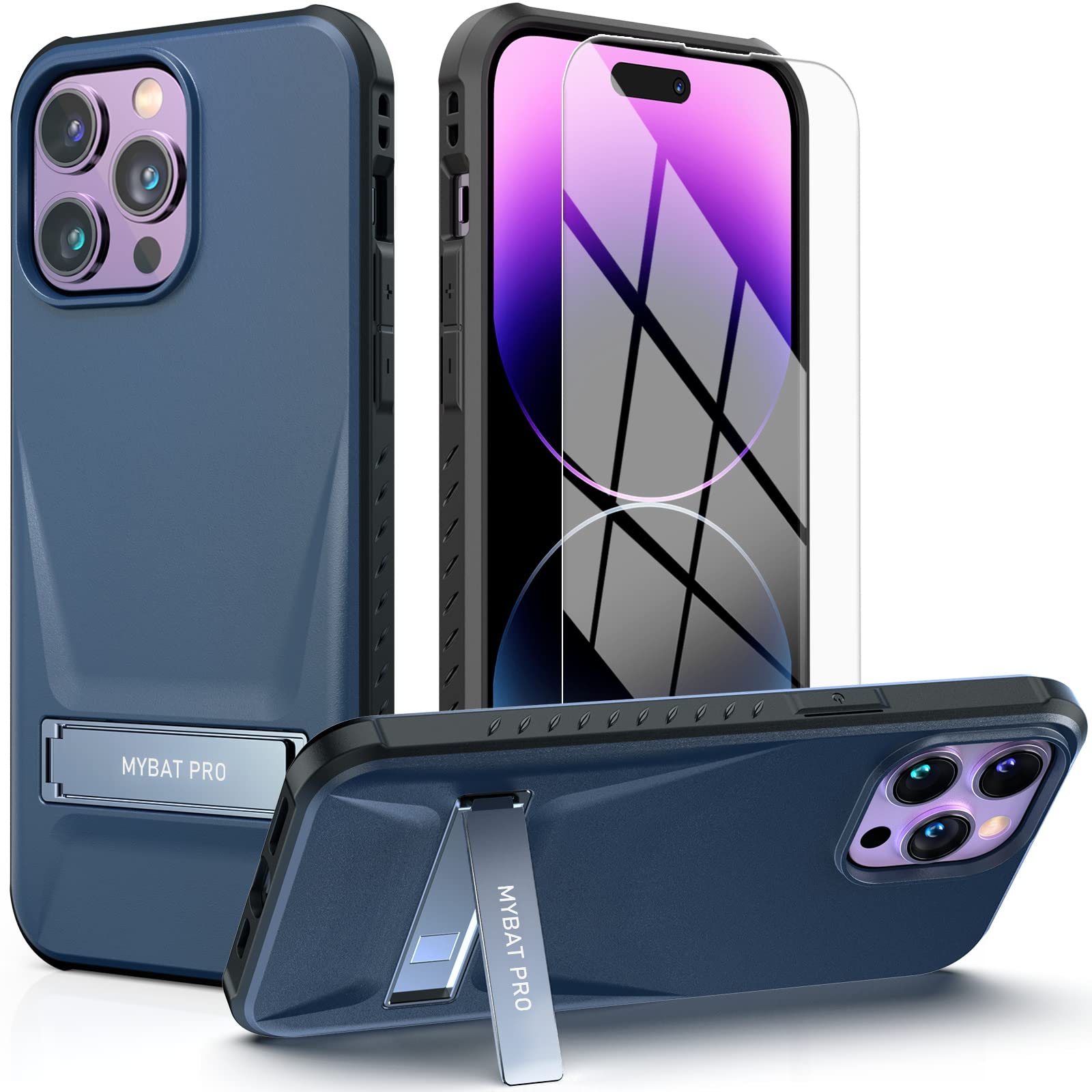 MyBat Pro Beyonder Series for iPhone 14 Pro Case with Kickstand and Tempered Glass (6.1"), Military Grade Protective Slim Thin Durable Hard Shockproof Slip Proof Simple Solid Phone Case for Men, Blue