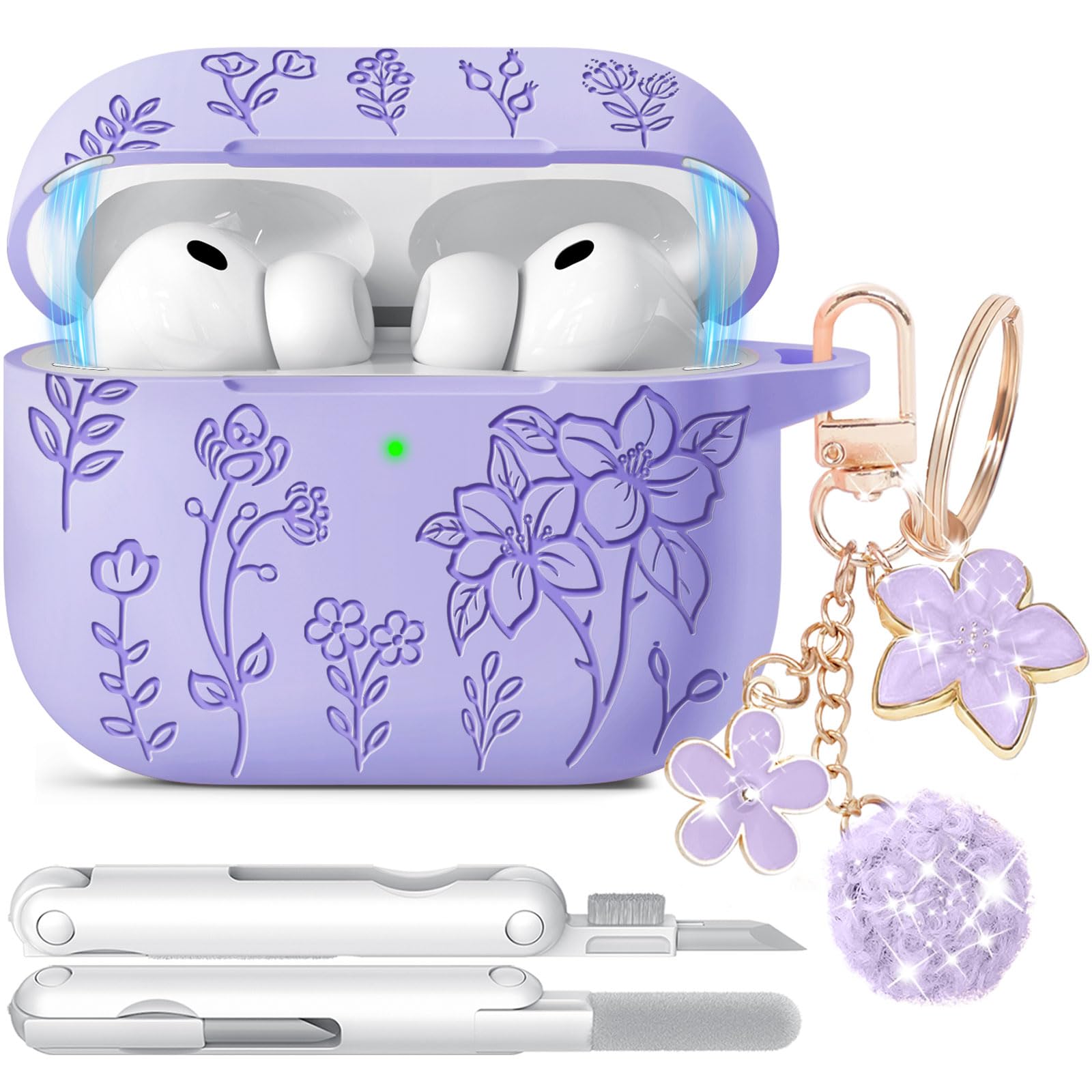 for Airpods Pro 3 Case with Magnetic Lid, Flower Engraved Case Cover Compatible with AirPods Pro 3rd Generation 2025, Soft Silicone Cases with Keychain &amp; Cleaner for Women Girly, Shockproof