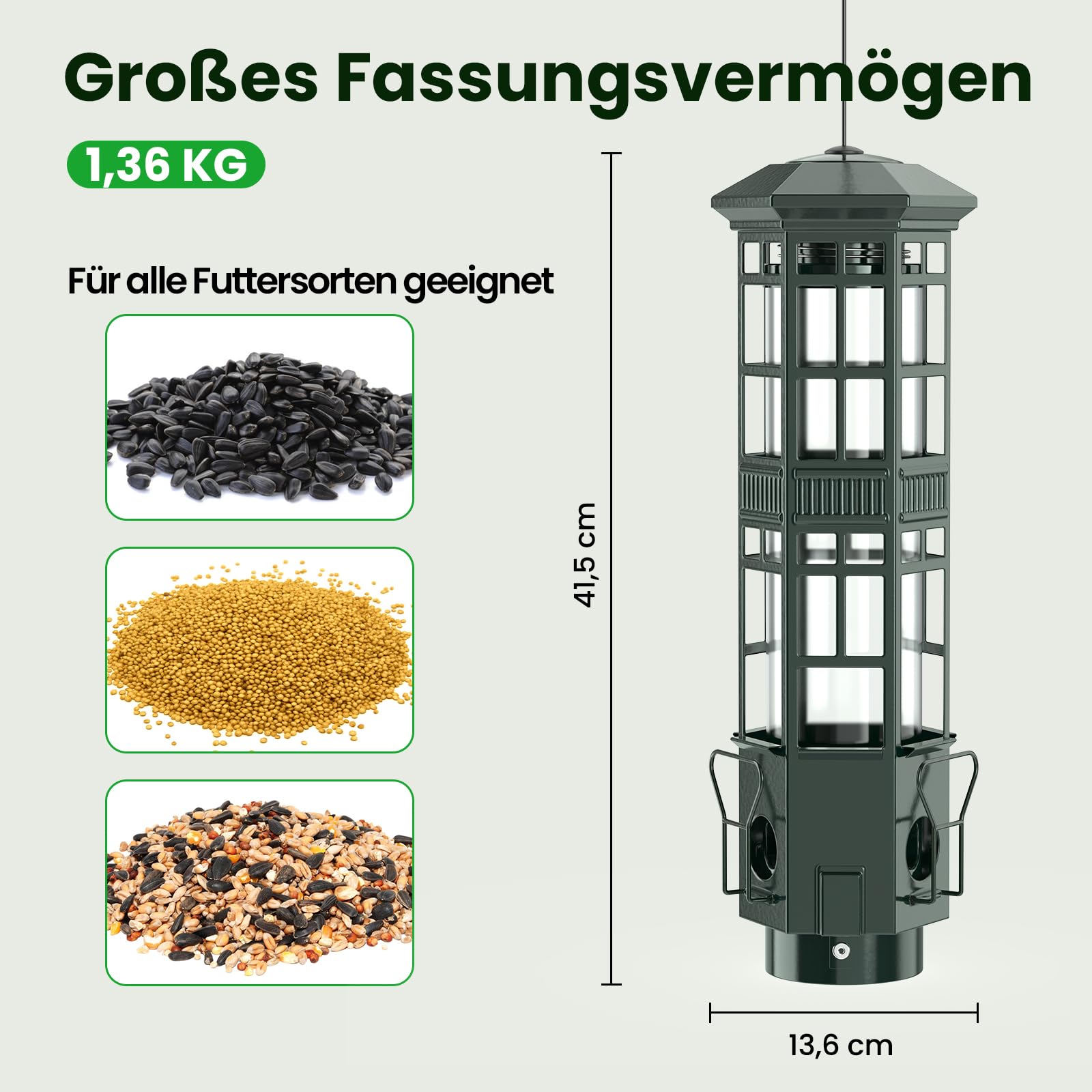 Eichhörnchensicherer Vogelfutterspender aus Metall zum Aufhängen – Vogelfutterstation mit Gewichtsmechanik, 3 Futteröffnungen, 3L Fassungsvermögen, wetterfest