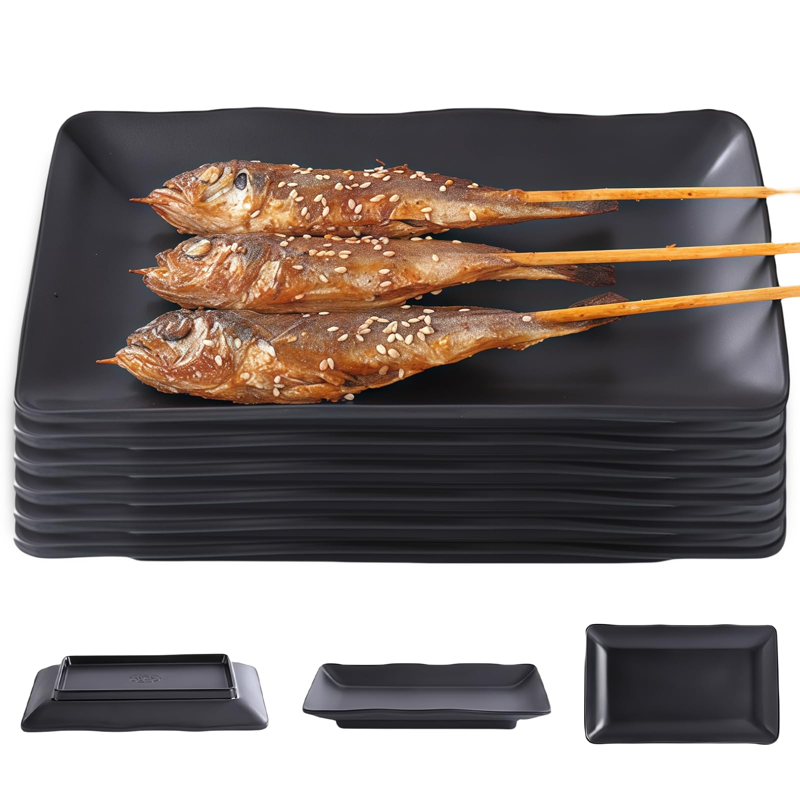 Piatti da portata rettangolari: 6 piatti rettangolari neri opachi per snack, 20 x 12 cm, posate per barbecue, piatti da dessert a prova di caduta per carne, sushi, snack