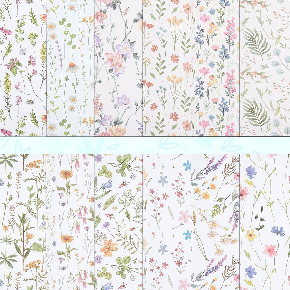 PLIGREAT 24 Sheets Spring Floral Scrapbook Paper, 12" Watercolor Flower Specialty Paper Double Sided Decorative Papers for DIY Card Making Origami Photo Album Journal Decor DIY Background, 12 Styles