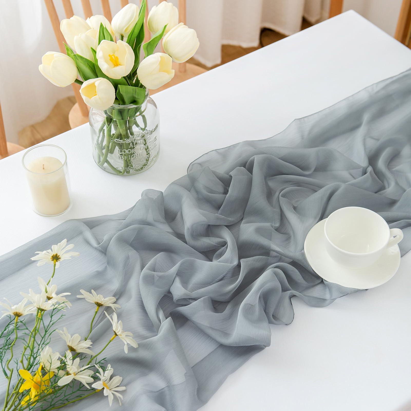 CHUQING Chiffon Table Runner 70x300cm - Beige Wedding & Party Decoration Fabric Runner - View #2