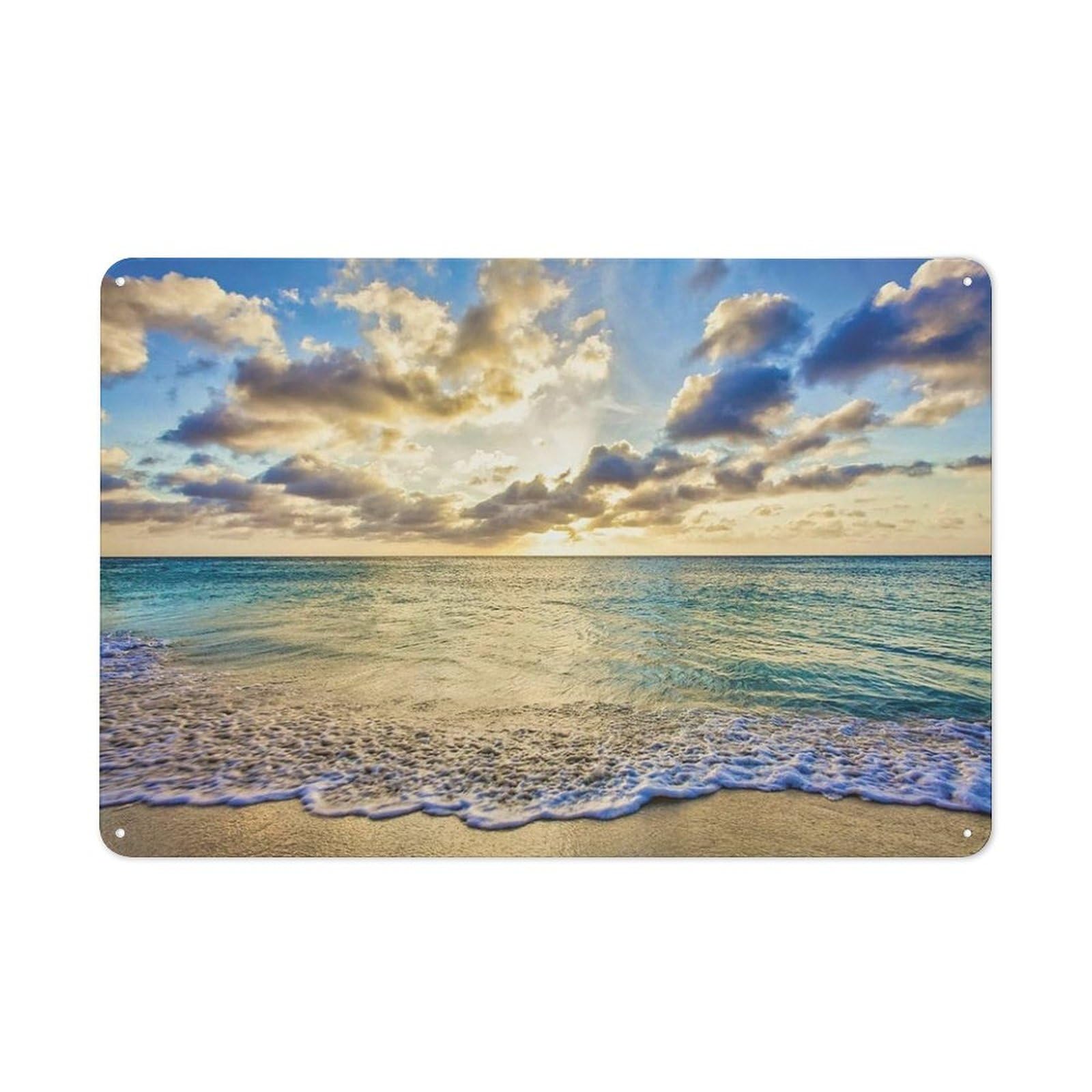 Rustic Metal Tin Sign, Blue Sea Sunset Beach Print, Living Room Bathroom Seascape Wall Decor 12x8 Inch