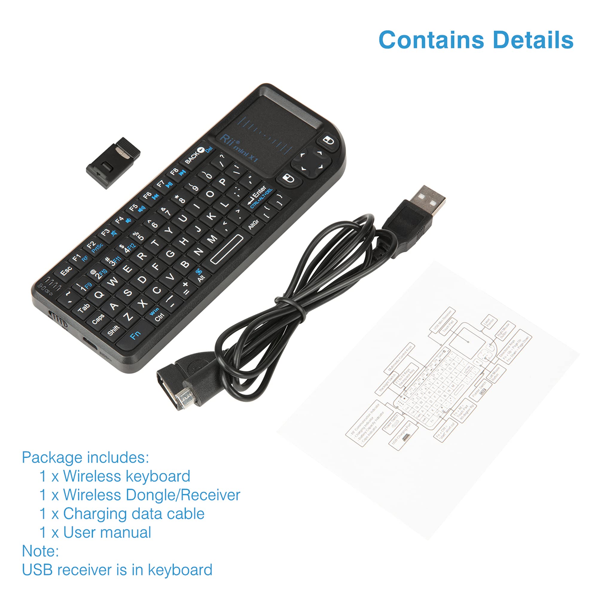 Rii - Mini tastiera wireless 2,4 G con mouse touchpad, controller portatile leggero con ricevitore USB, telecomando per Windows/Mac/Android/PC/tablet/TV/Xbox/PS3. X1-nero