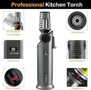 Butane Torch Lighter, 60 Rotatable Refillable Kitchen Cooking Torch Windproof Adjustable Flame Lighter with Fire Lock for Baking Creme Brulee BBQ, Butane is Not Included (Black)