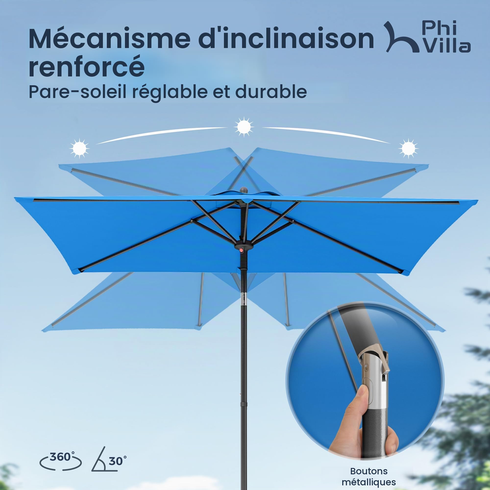 PHI VILLA Parasol rectangulaire avec pince - 210 x 140 x 220 cm - Inclinable - Résistant au vent - Stable à emporter - Protection UV50+ - Pour balcon, terrasse, balustrade, table