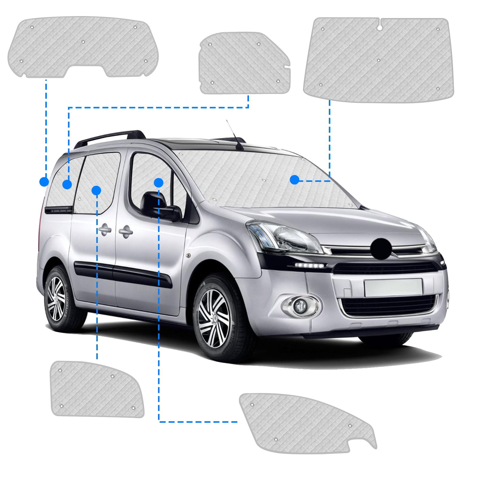 Parasol para Parabrisas Coche Compatible con Citroen Berlingo 2008-2018, Juego de 8 Plegables Parasoles para Interior Coche, Alfombrillas Térmicas Internas con Bolsa de Almacenamiento