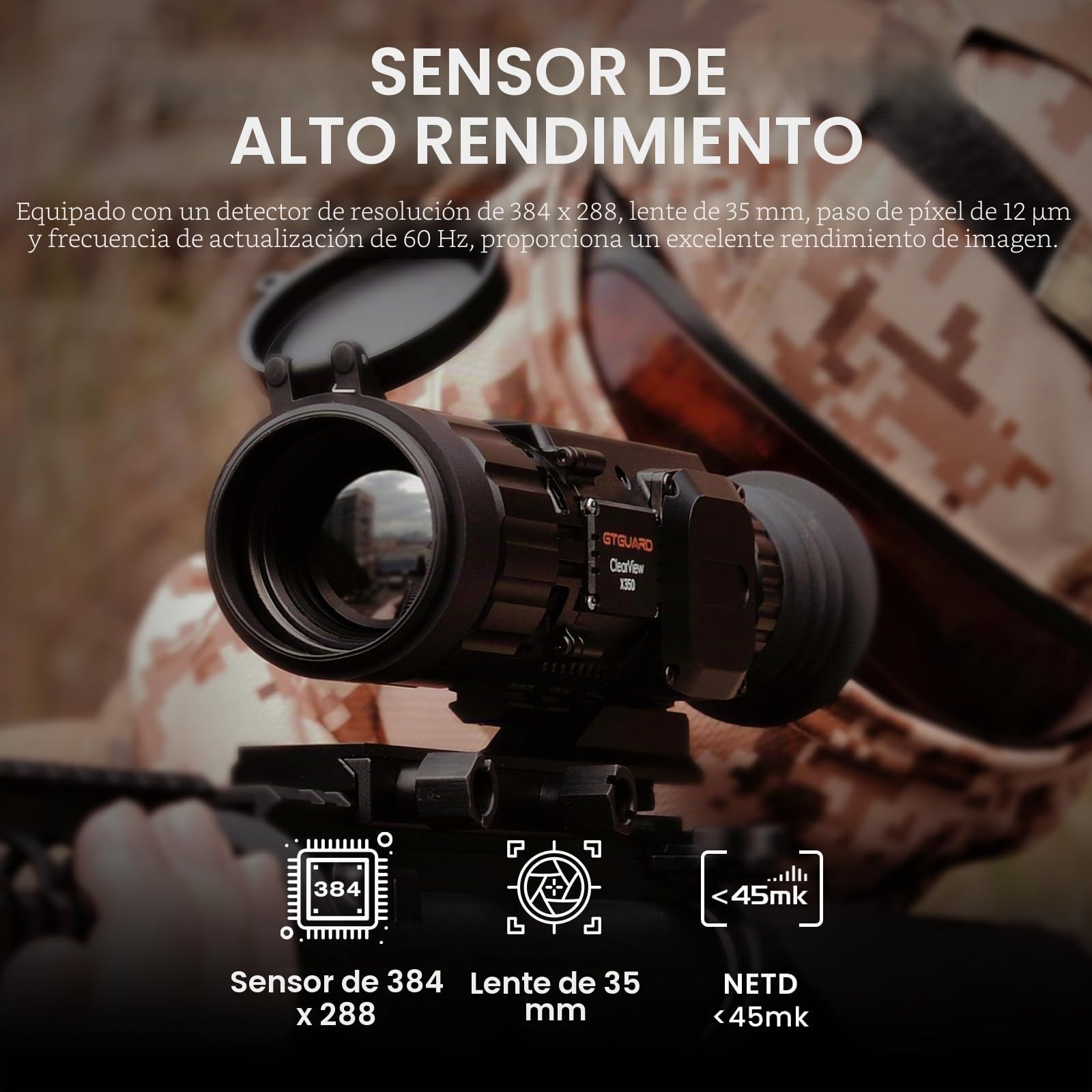 Mira Térmica X350 para Rifle de Caza, Alcance de Detección 1100m, Pantalla Micro-OLED HD 1024x768, Autonomía 10h, Óptica 35mm, WiFi y Almacenamiento Integrado 64GB
