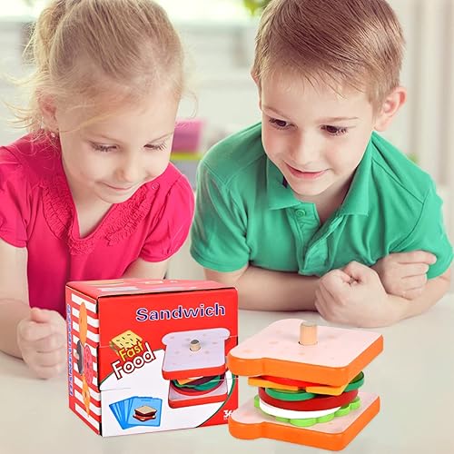 Miniatura 7 de Juego de juego de simulación de alimentos, juguete apilable de hamburguesa de madera, juguetes apilables de hamburguesas Montessori, juguete
