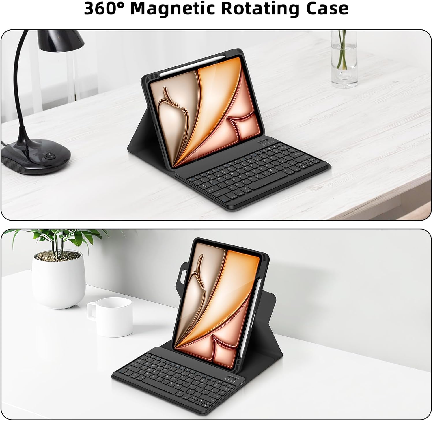 Bettdow Keyboard Case for iPad Air 13 inch M3 2025/M2 2024,iPad Pro 12.9 inch 6th/5th/4th/3rd Gen,360 Rotating Case and Magnetic Detachable Keyboard with Pencil Holder,Portrait/Landscape Modes-Black