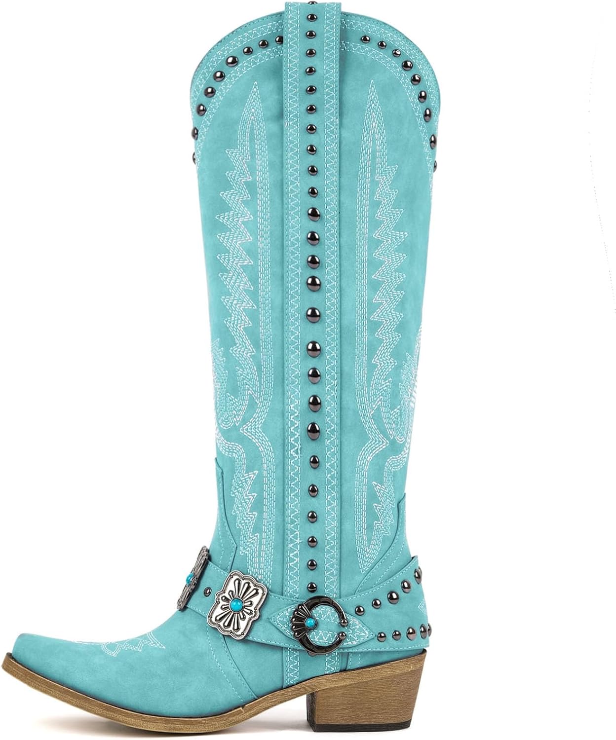 Yolkomo Cowboy Boots for Women Knee High Western Cowgirl Boots with Embroidery Belt Buckle Chains