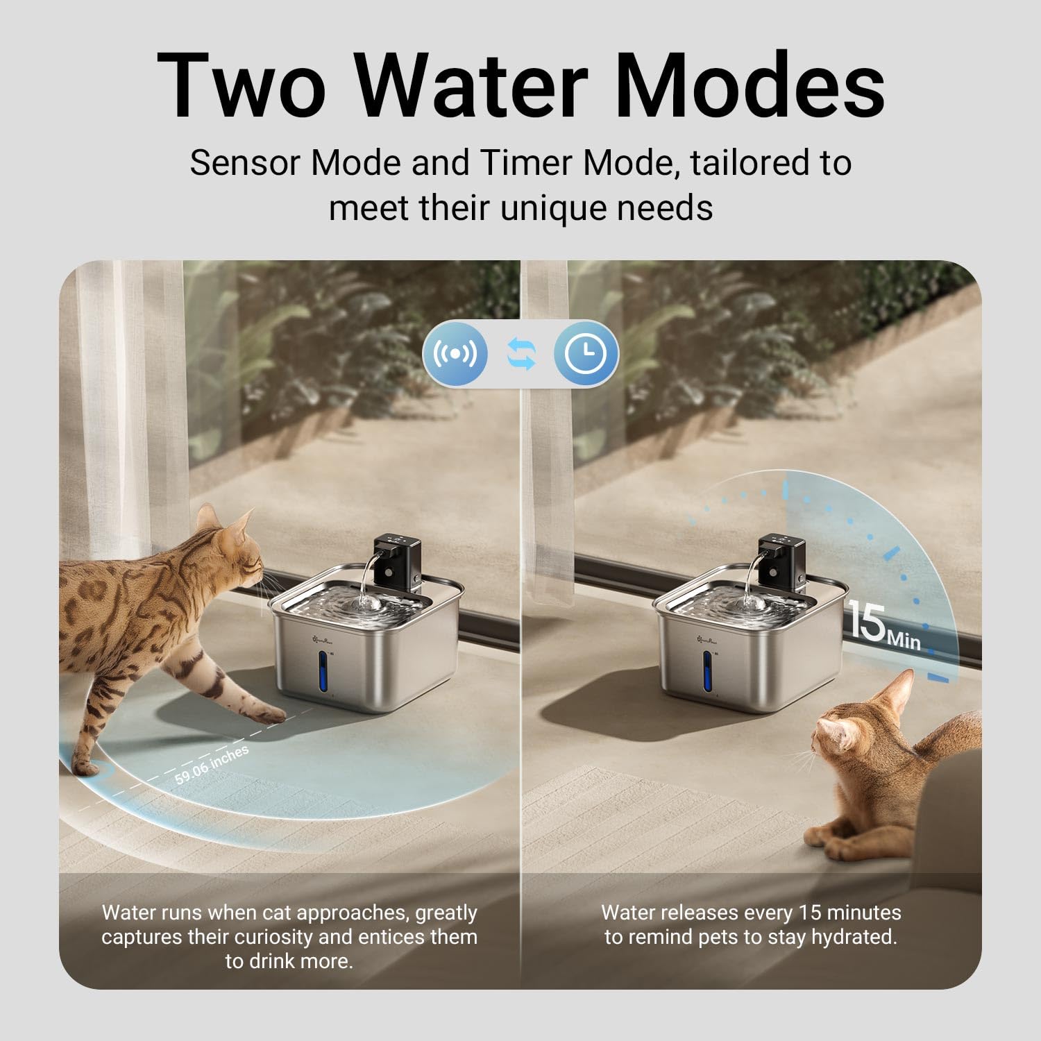 DownyPaws Cat Water Fountain Stainless Steel Wireless, 101 oz/3L FurSink Cordless Water Fountain for Cats, Battery Operated Cat Fountains for Drinking with Motion Sensor, Easy Clean, Metal & 6 Filters - image 4