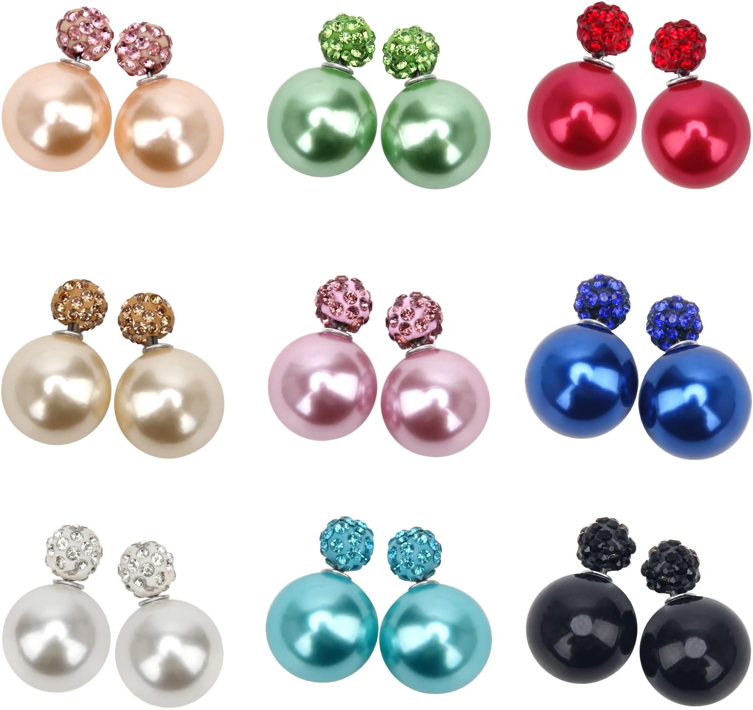 9 Pairs Bling Rhinestone Polymer Clay Studs Pearl Button Earrings, Double Ball Earring, Jewelry Piercing Ear Ring