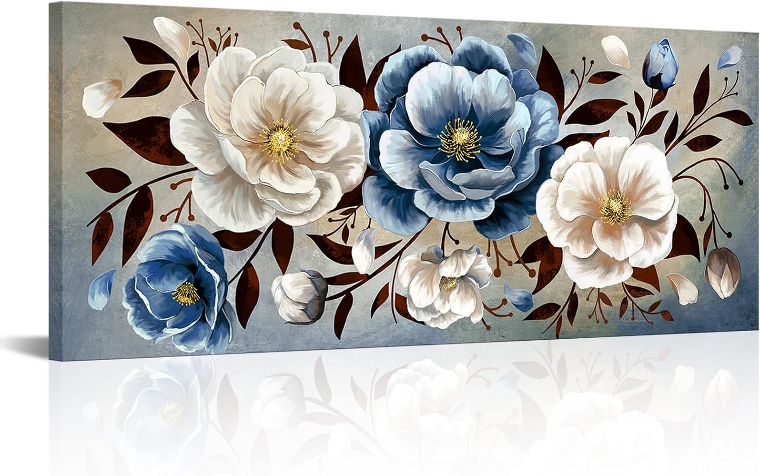 VANSEEING Vintage Flower Wall Art for Living Room Canvas Prints Navy Blue Beige Floral Picture Aesthetic Botanical Artwork Large Wall Decor for Bedroom Dining Room Home 20"x48"