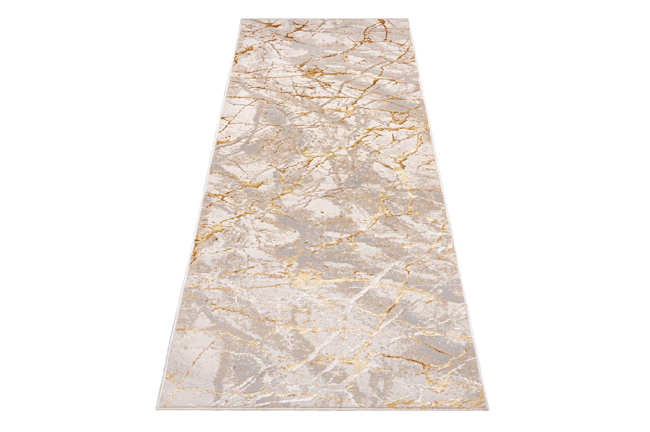 Mazovia Tappeto per Corridoio - Passatoia Corridoio Moderne - Motivo Astratto - Tappeto a pelo Corto per Ingresso, Salotto - Certificato Oeko-Tex - Tappeto Beige Crema con Oro 70x750 cm