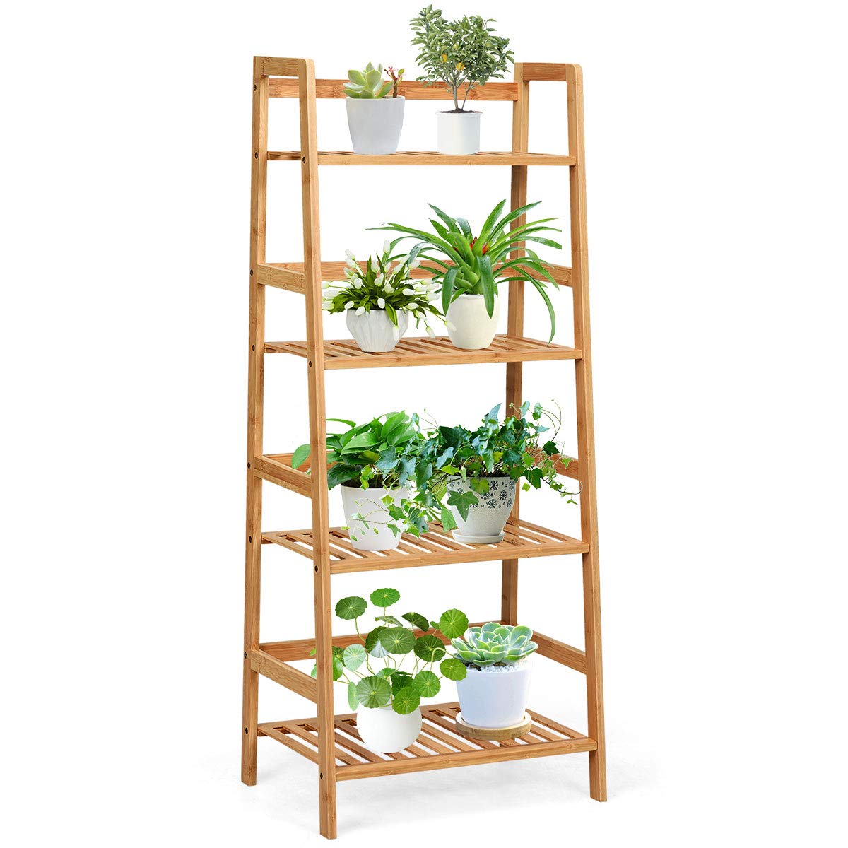 RELAX4LIFE Scaffale Porta Piante in Bambù, Supporto per Piante a 4 Strati, Espositore Impermeabile Multiuso per Giardino/Terrazza/Balcone (Naturale,48x32x115cm)