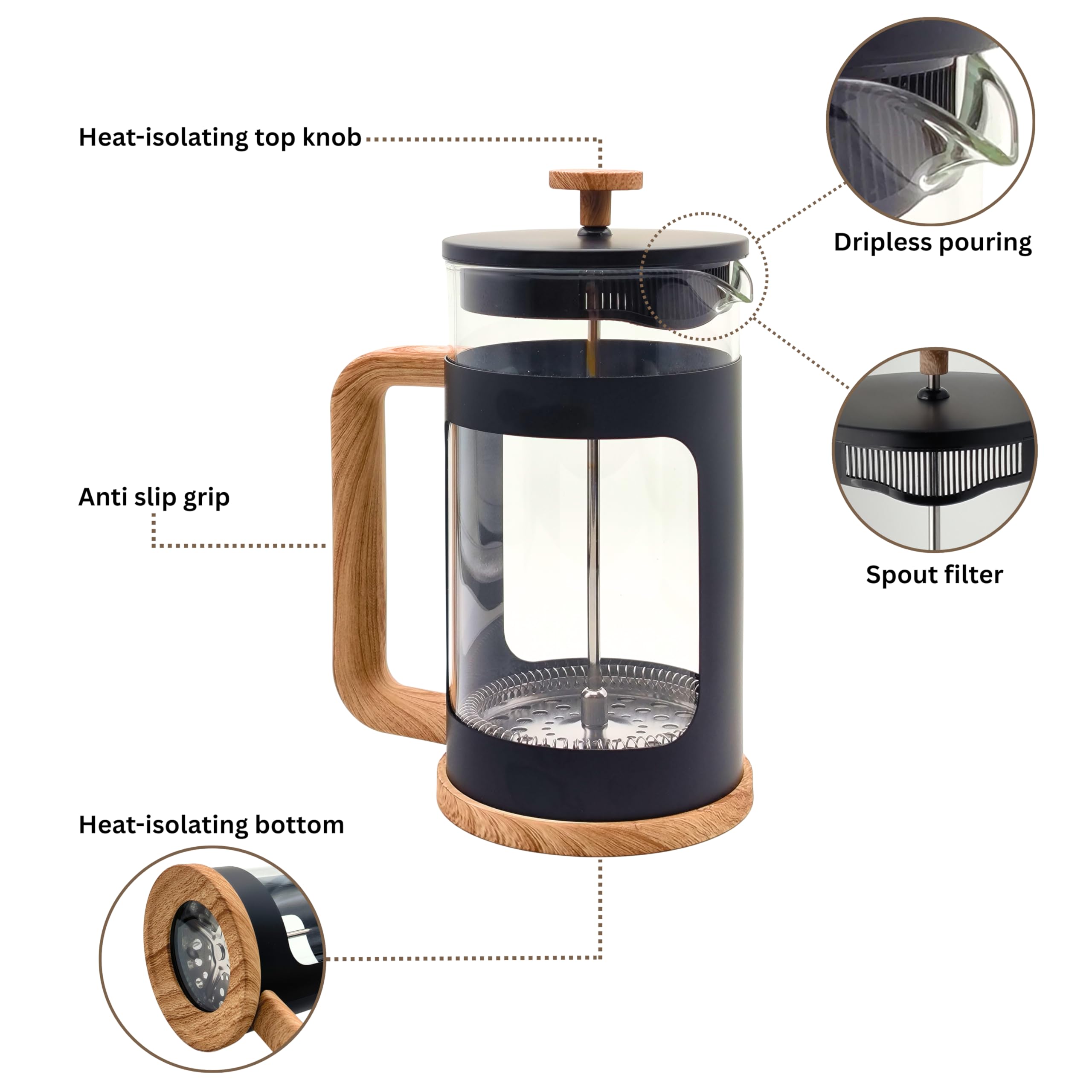 Generisch French Press 1L – Kaffeebereiter aus hitzebeständigem Glas, Edelstahlfilter (feinmaschig), mattschwarz, Griff in Holzoptik, bis zu 4 Tassen (à 250 ml)
