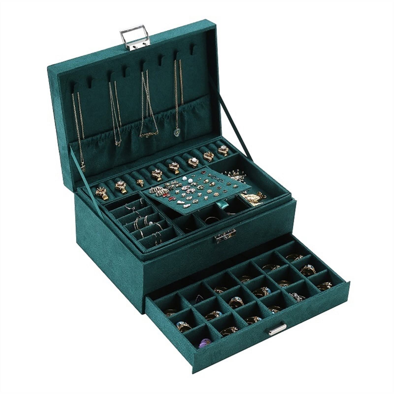 Scatole Portagioie Green Green Flannel Bannel Organizer Collane Collane Orecchini Anelli Display Holder Caso for le donne Box di gioielli di grande capacità Portagioie Decorativo
