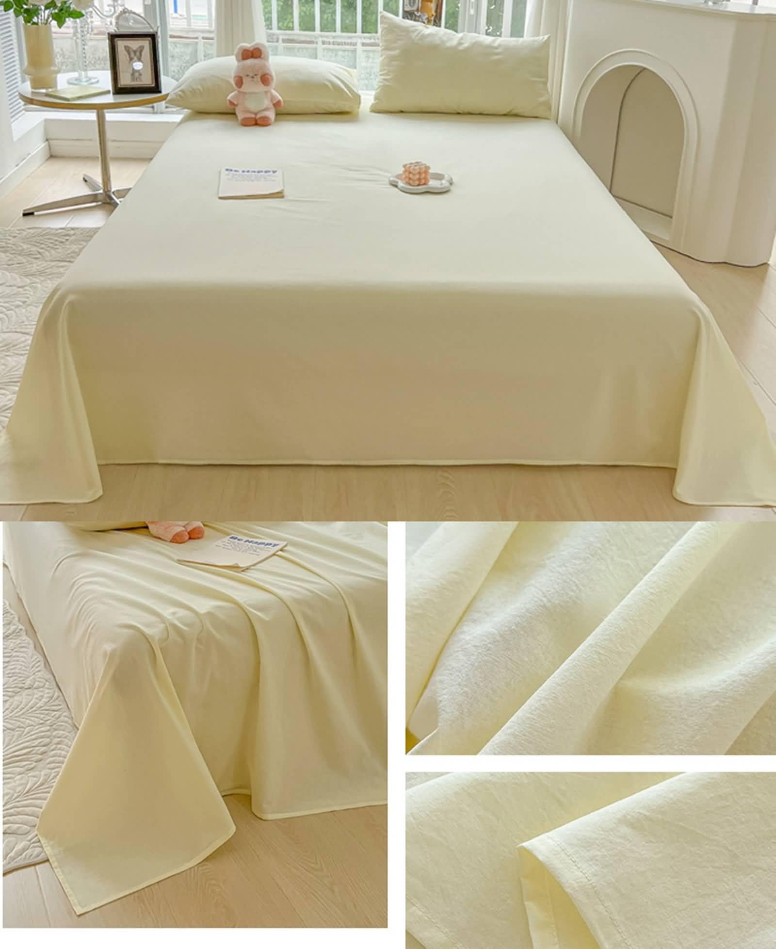 Juego 3 Piezas Sábana Encimera Algodón, Color Sólido, 160 x 230 CM + 2 Fundas de Almohada, Sábanas Encimeras Beige Amarillo