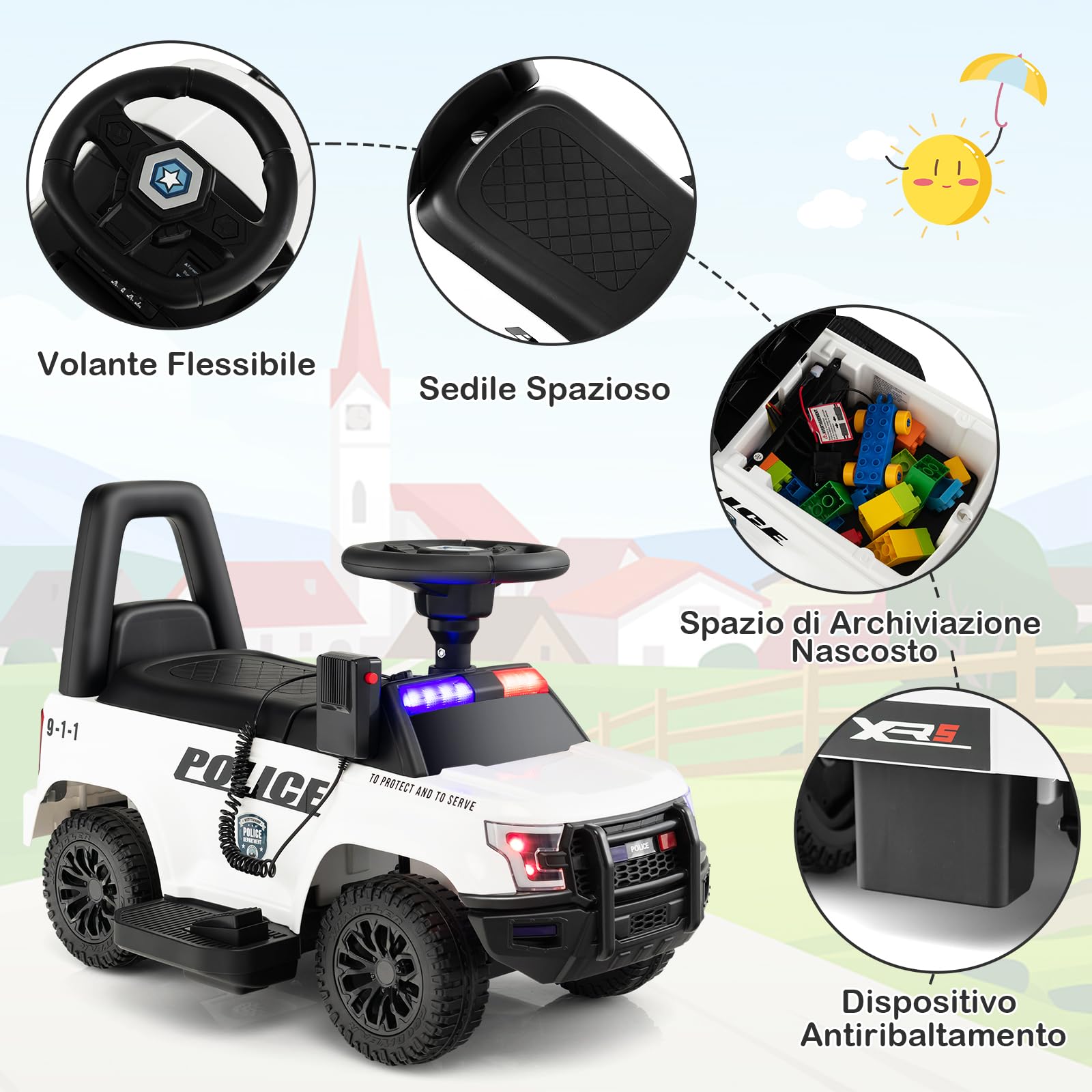 RELAX4LIFE Macchina Elettrica della Polizia per Bambini 6V, Velocità 3 km/h con Megafono Musica Sirena Lampeggianti e Fari, Porta USB,5-5 Anni,Portata 25 KG (BIANCO)