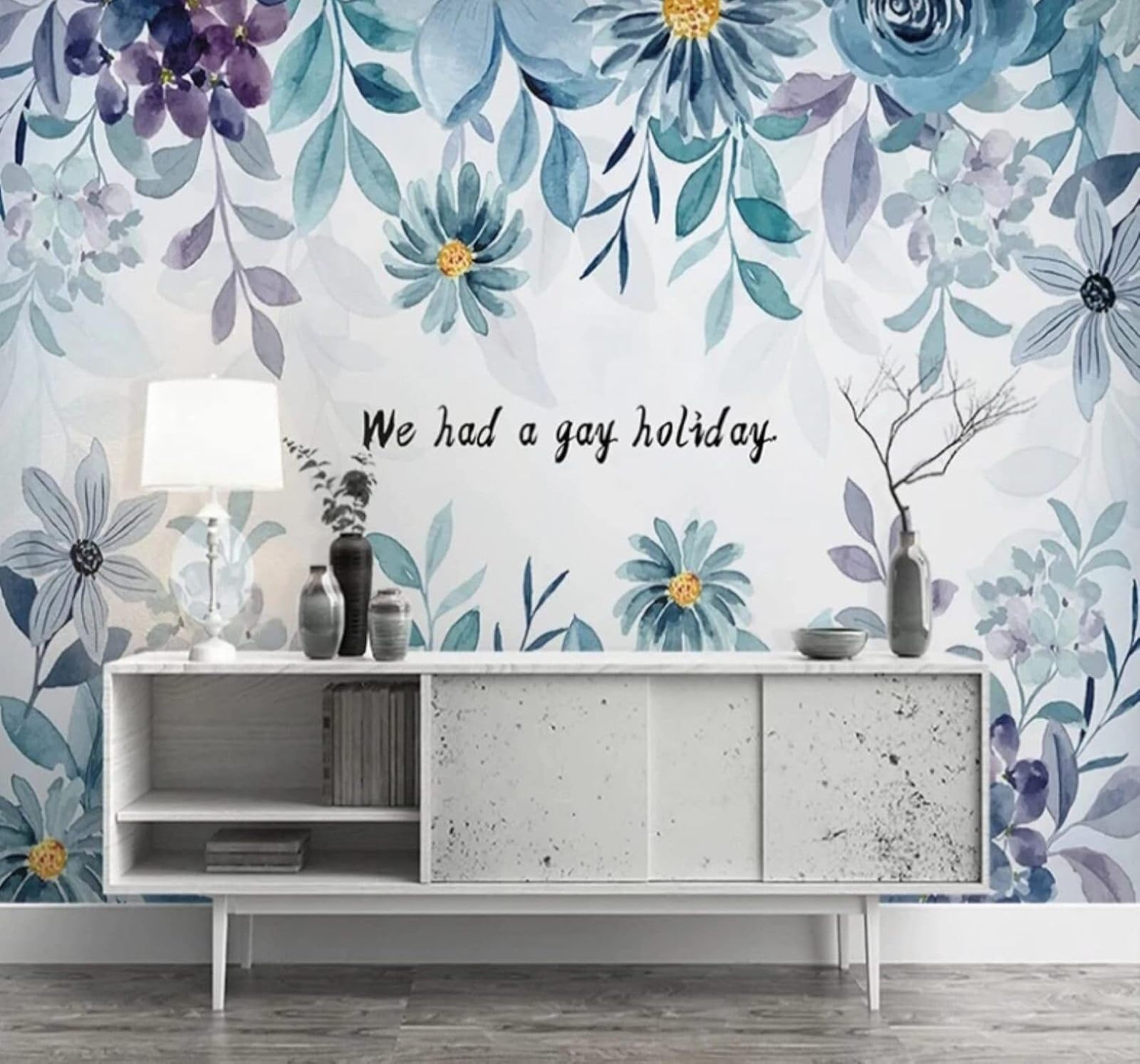 Xlming 300Cm×210Cm(B×H) Hand Drawn Watercolour Blue Plants Flowers 3D Wallpaper Luxury Silk Study Dining Feature Sofa Grey Bedroom Living Room Tv Decorative Wall-300Cm×210Cm