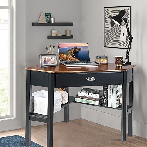 Miniatura 28 de Escritorio esquinero, escritorio triangular con cajones y estantes, mesa de consola de esquina de madera, mesa de tocador con almacenamiento,