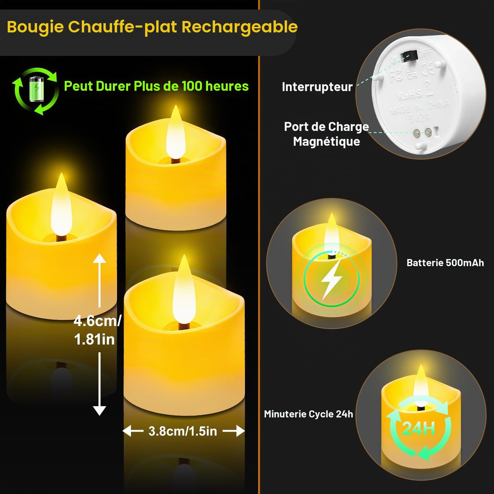 Bougies LED rechargeables 12 pièces, bougies chauffe-plat LED avec socle de recharge magnétique, télécommande et minuterie, bougies sans flamme adaptées à Halloween, Noël et à la décoration intérieure