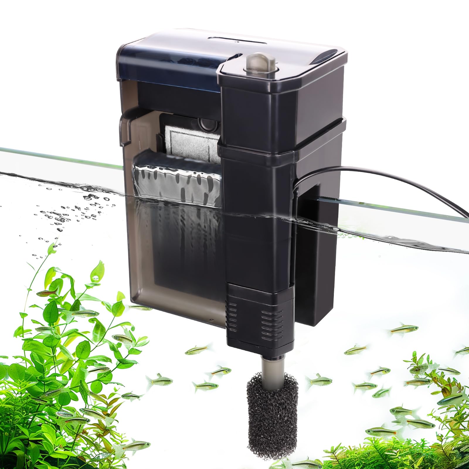 Hygger Hang on Filtro Acuario,7W Externo Filtro Acuario,580L/H Ultra Silencioso Aquarium Filter con Cámara Filtro Doble Capa, Flujo de Agua Ajustable Fish Tank Filter para Depósitos de 75-185L Tanks