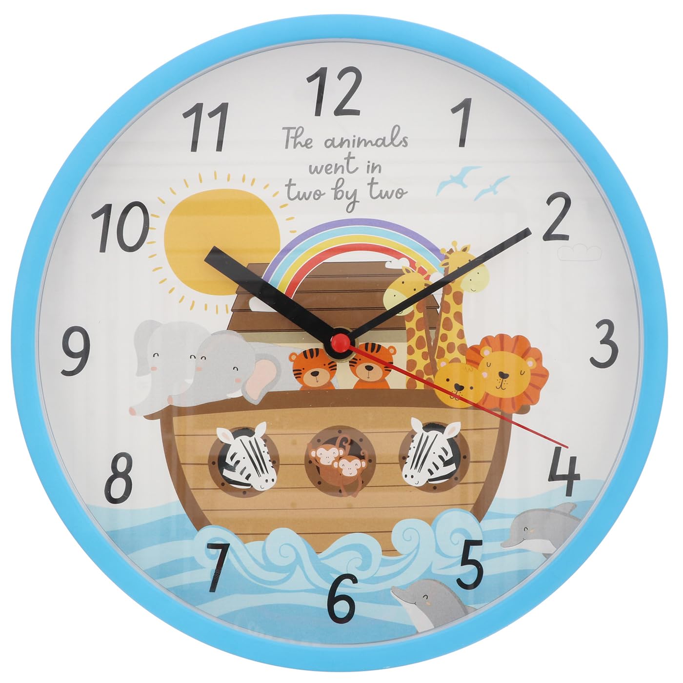 Shudehill Giftware Blue And White Noah's Ark Wooden Wall Clock, Colourful Nursery Decor With Animal Design, Rainbow Theme, Baby Room Timepiece