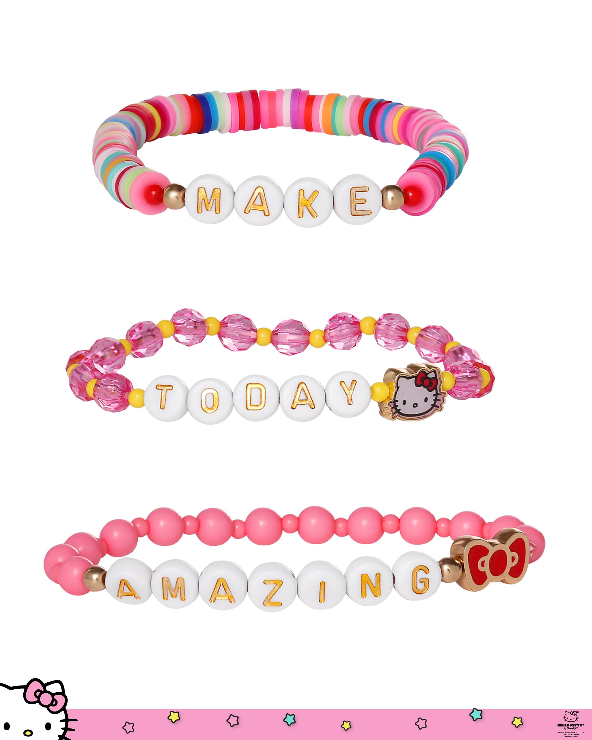 SALLY ROSE Hello Kitty Bracelet Make Today Amazing 3-Piece Set Official License, Fashion Jewelry Beaded Sanrio Bracelets Set of 3