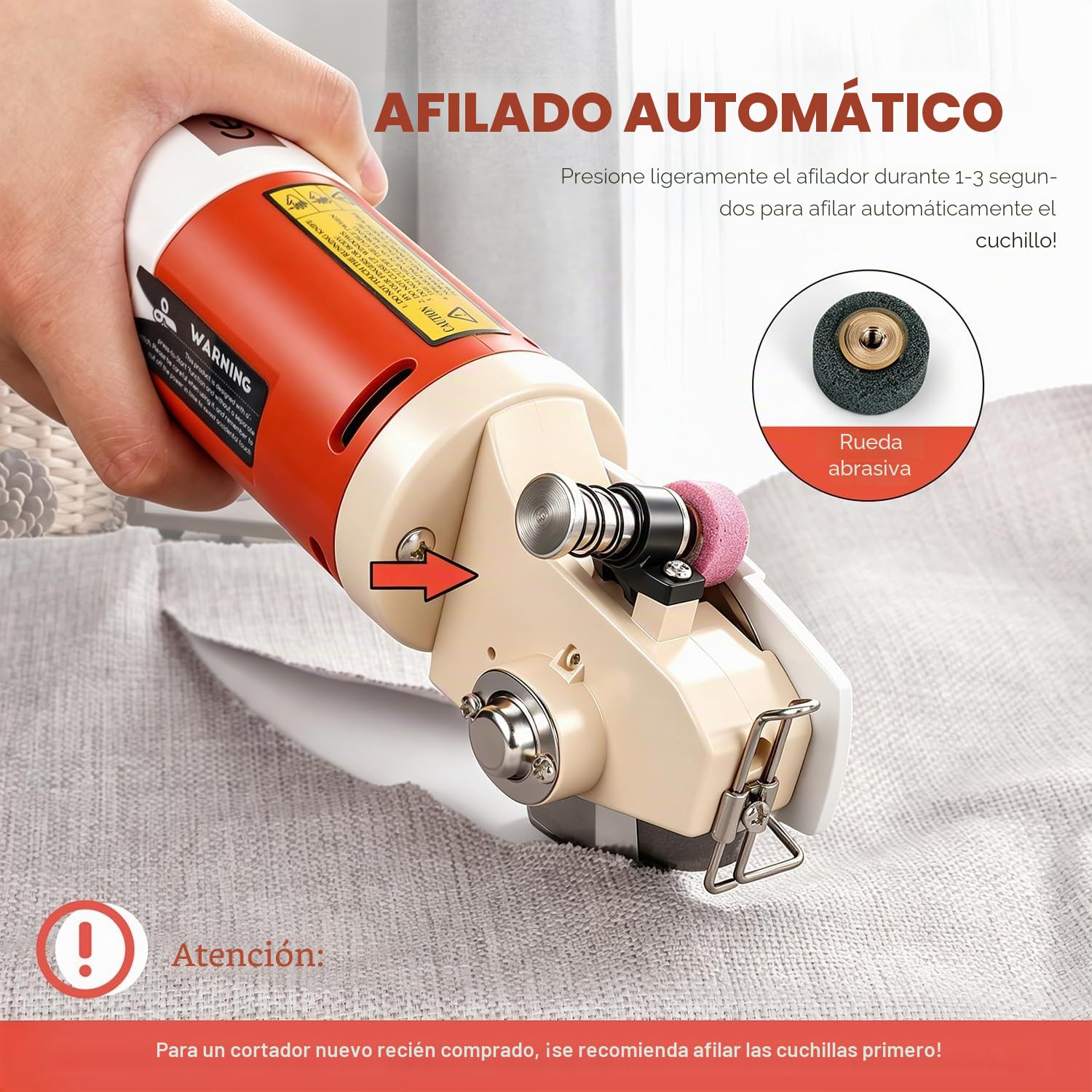 CGOLDENWALL YJ-65 Cortador de Tela Eléctrico con 22mm de Espesor Máx. de Corte, Tamaño de la Cuchilla 65mm, con Función de Afilado Automático, Ideal para Cortar Textil/Cuero/Alfombra