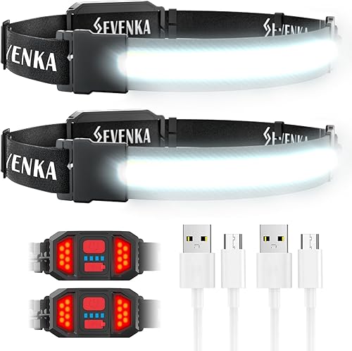 SEVENKA 2 faros recargables, linterna LED brillante, luz de diadema de haz ancho, iluminación de 210, 500 lúmenes, lámpara de cabeza ligera de 3.8