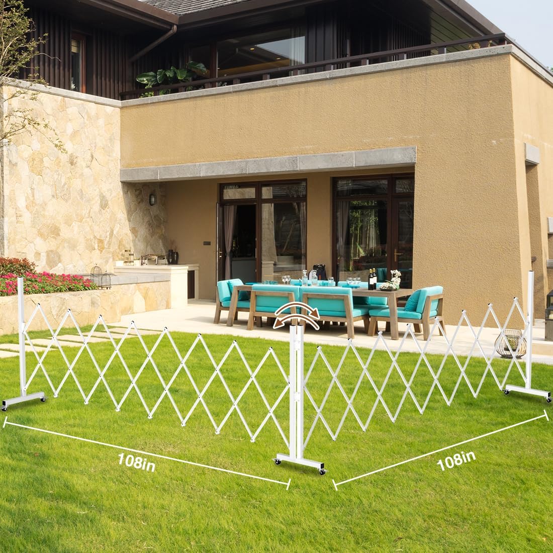 expandable driveway gate, portable barricade gate with casters, metal folding security gate, 209" wide aluminum expandable garden fence, outdoor dog fence for yard (white, 216.54) white 207"