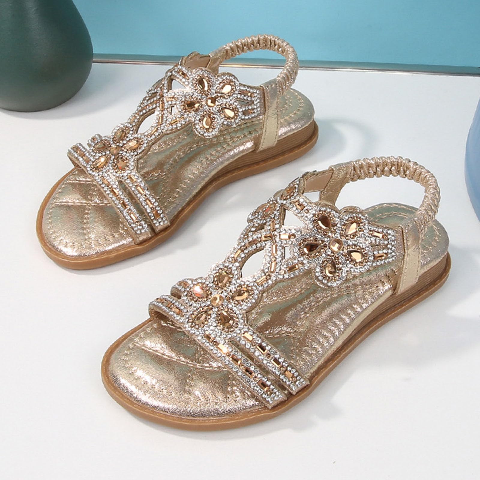MMRTDJDR Generisch Dziewczę ły księżniczki Rhinestone ły bez pię ły Elastyczny pasek na kostkę Casual Czeskie buty plażowe